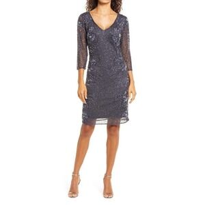 Pisarro Nights Women's Slate Beaded V-neck Cocktail Dress Size 16 NWOT